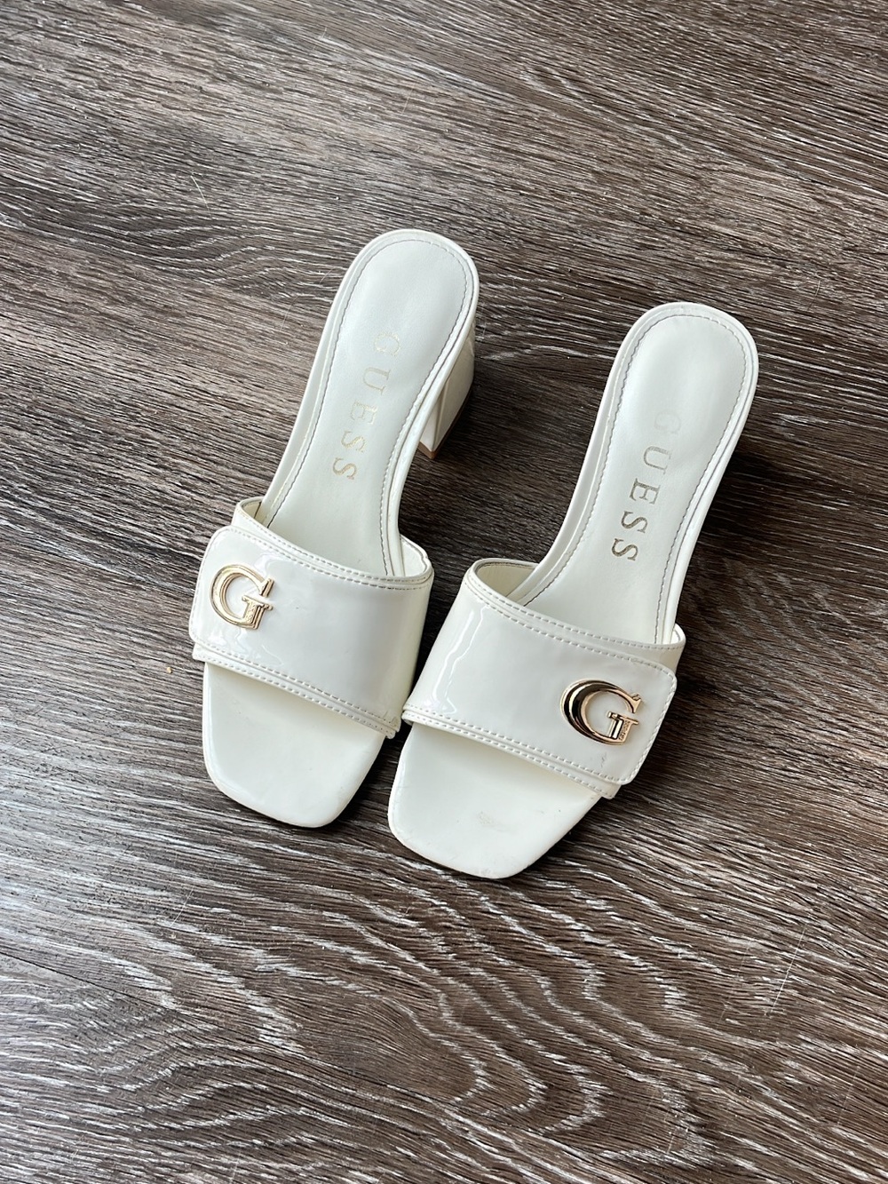 GUESS Cream Patent Slide Mules with Gold G Accent